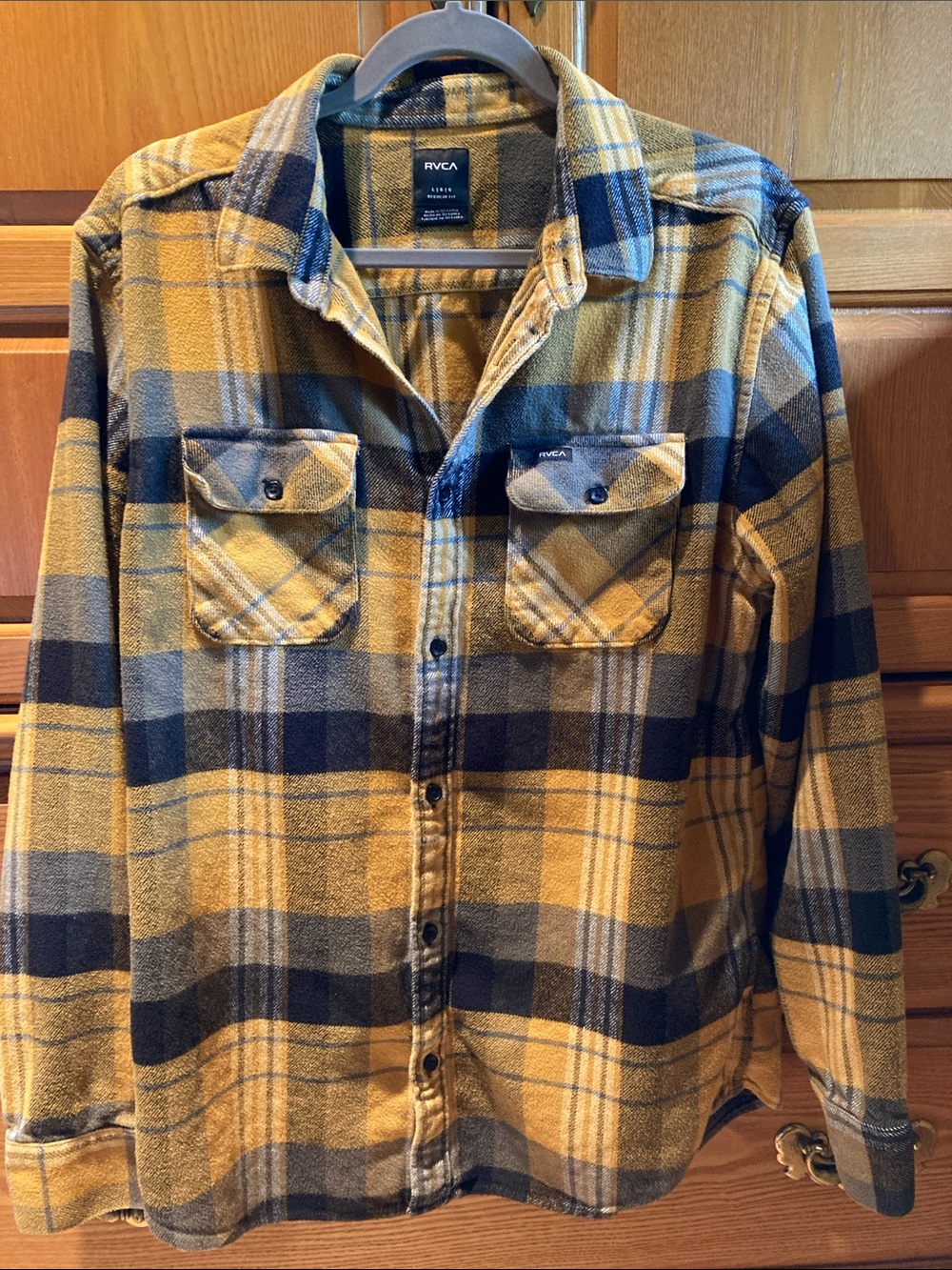 RVCA Yellow, Navy, Grey, Black Plaid Button-Up Flannel Shirt